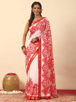 Garden VARELI - Women Art Silk Floral White Saree