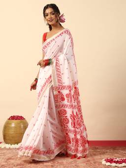 Garden VARELI - Women's White Floral Print Art Silk Saree