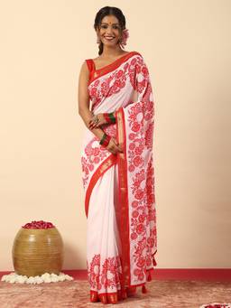 Garden VARELI - Women White Floral Print Art Silk Saree
