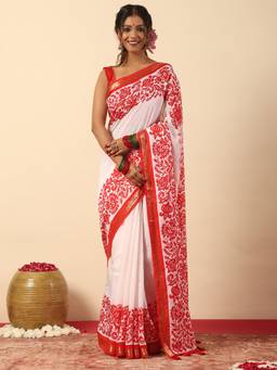 Garden VARELI - Women Art Silk White Floral Print Saree
