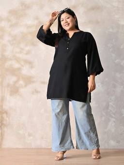 Desi Noor - Plus Size Black Rayon Scalloped Short Kurta