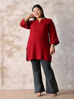 Desi Noor - Plus Size Maroon Rayon Scalloped Short Kurta