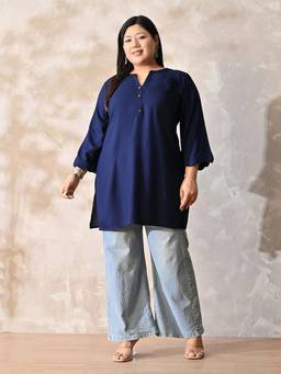 Desi Noor - Plus Size Navy Blue Rayon Scalloped Short Kurta