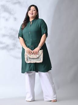 Desi Noor - Plus Size Bottle Green Rayon Kurta