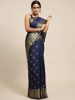 URBAN PALLU - Women Navy Blue Woven Silk Blend Saree