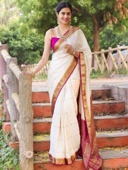 URBAN PALLU - Women White Silk Blend Woven Saree