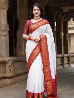 URBAN PALLU - Women's Woven White Silk Blend Saree