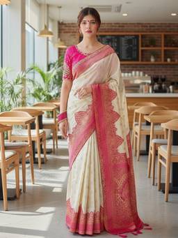 URBAN PALLU - Women Woven White Silk Blend Saree
