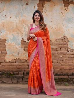 URBAN PALLU - Women's Silk Blend Orange Saree