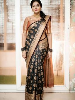 URBAN PALLU - Women Black Woven Silk Blend Saree