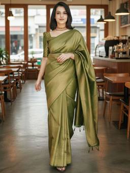 URBAN PALLU - Women Green Silk Blend Woven Saree