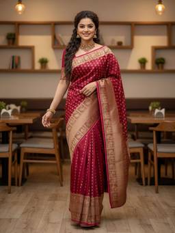 URBAN PALLU - Women's Maroon Silk Blend Woven Saree
