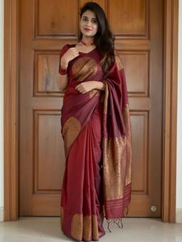 URBAN PALLU - Women Maroon Silk Blend Woven Saree