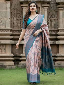 URBAN PALLU - Women Peach Silk Blend Saree