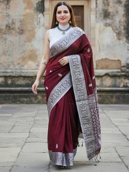 URBAN PALLU - Women's Woven Maroon Silk Blend Saree