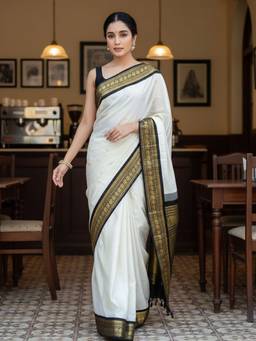 URBAN PALLU - Women's White Silk Blend Woven Saree