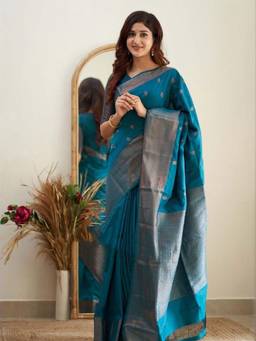 URBAN PALLU - Women Blue Silk Blend Woven Saree