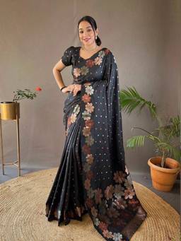 URBAN PALLU - Women Black Silk Blend Woven Saree