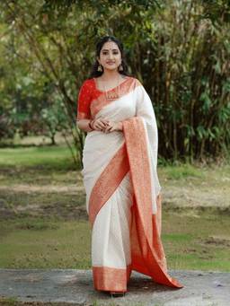 URBAN PALLU - Women White Silk Blend Saree