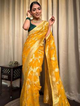 URBAN PALLU - Women's Yellow Silk Blend Saree