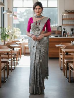 URBAN PALLU - Women's Grey Silk Blend Saree