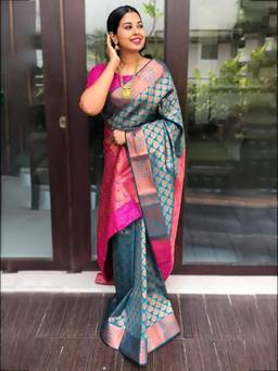 URBAN PALLU - Women Silk Blend Blue Saree