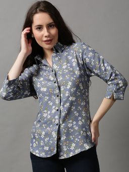 SHOWOFF - Women's Spread Collar Printed Blue Polyester Shirt