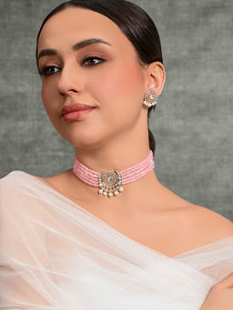 Joules By Radhika - Pink & White Scintillating Beaded Choker with Earrings