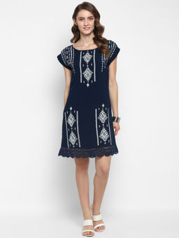Taurus - Blue Embroidered Rayon Shift Dress