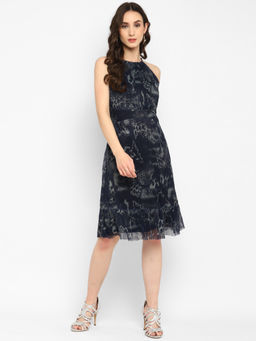 Taurus - Navy Blue Pleated Lycra Knit Dress