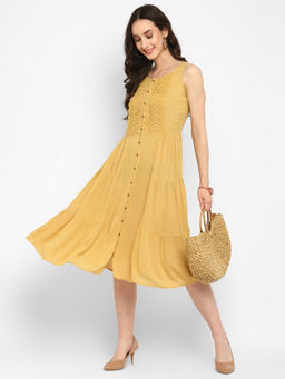 Taurus - Mustard Solid Rayon Crepe Dress