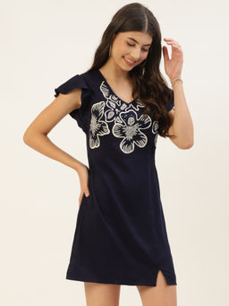 Taurus - Navy Blue Embroidered Dobby Dress
