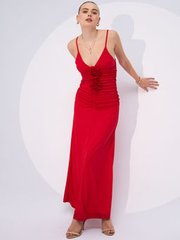 Uptownie - Red Stretchable Ruched Rosette Maxi Dress