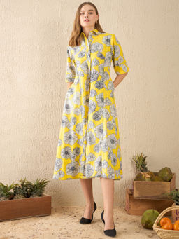 Uptownie - Yellow Buttoned Down Cotton Midi Dress