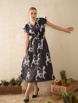 Uptownie - Black Bow Detailed Ruched Midi Dress