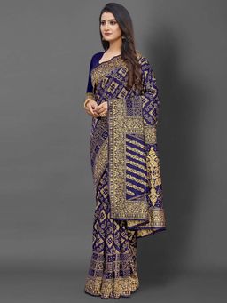 Akhilam - Women Silk Blend Navy Blue Celebrity Saree with Unstitched Blouse