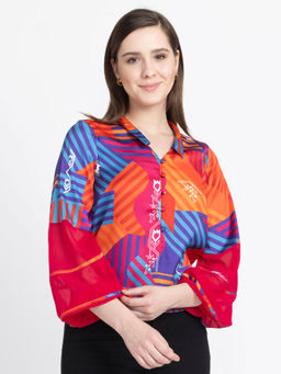 SHAYE - Button-down Collar Fuchsia Printed Casual Shirts For Women
