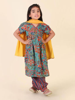 Fabindia - Green Cotton Hand Block Printed Kurta with Salwar and Dupatta (Set of 3)