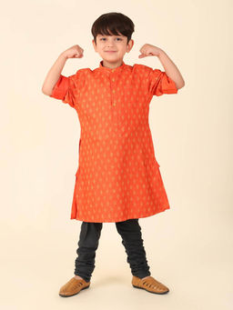 Fabindia - Orange Viscose Silk Hand Block Printed Long Kurta