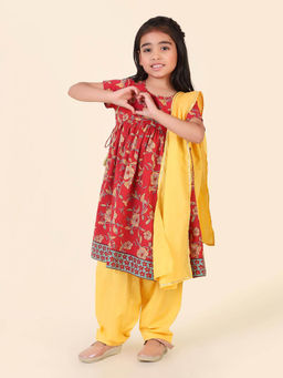 Fabindia - Red Cotton Hand Block Printed Kurta with Salwar and Dupatta (Set of 3)