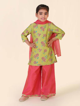 Fabindia - Green Cotton Silk Printed Kurta with Palazzo and Dupatta (Set of 3)