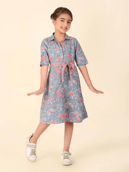 Fabindia - Blue Cotton Hand Block Printed Dress (Set of 2)