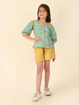 Fabindia - Green Cotton Linen Hand Block Printed Top with Shorts (Set of 2)