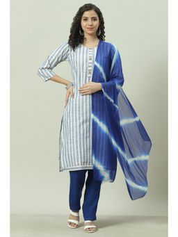 Biba - White & Blue Chanderi Unstitched Suit (Set of 3)