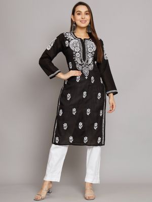 Black Cotton Rayon Chikankari Embroidery Straight Kurta