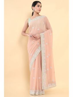 Soch - Women Peach Georgette Embroidered Saree with Unstitched Blouse