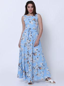 TOKYO TALKIES - Women Blue Printed Maxi Dress with Belt