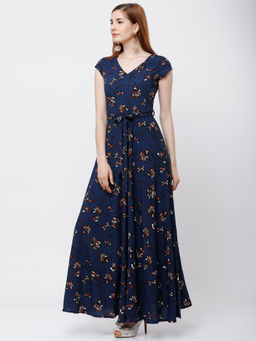 TOKYO TALKIES - Women Navy Blue Printed Maxi Dress with Belt