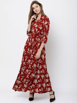 TOKYO TALKIES - Women Red Floral Printed Maxi Dress with Belt
