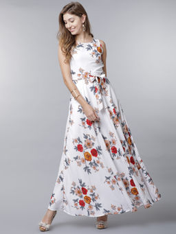TOKYO TALKIES - Women White Printed Maxi Dress with Belt